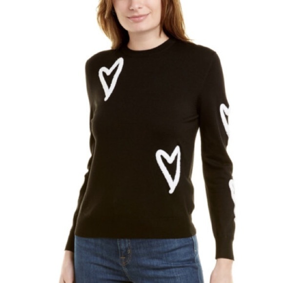 Yal New York Sweaters - Yal New York Flocked Heart Sweater Black Lightweight Tight Knit Top Womens Large